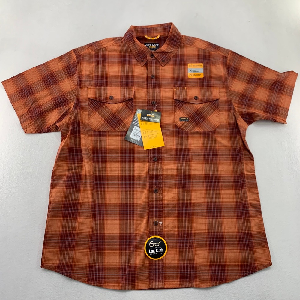 Ariat Rebar Mens Large‎ Short Sleeve DuraStretch Work Shirt Plaid Sunset Orange